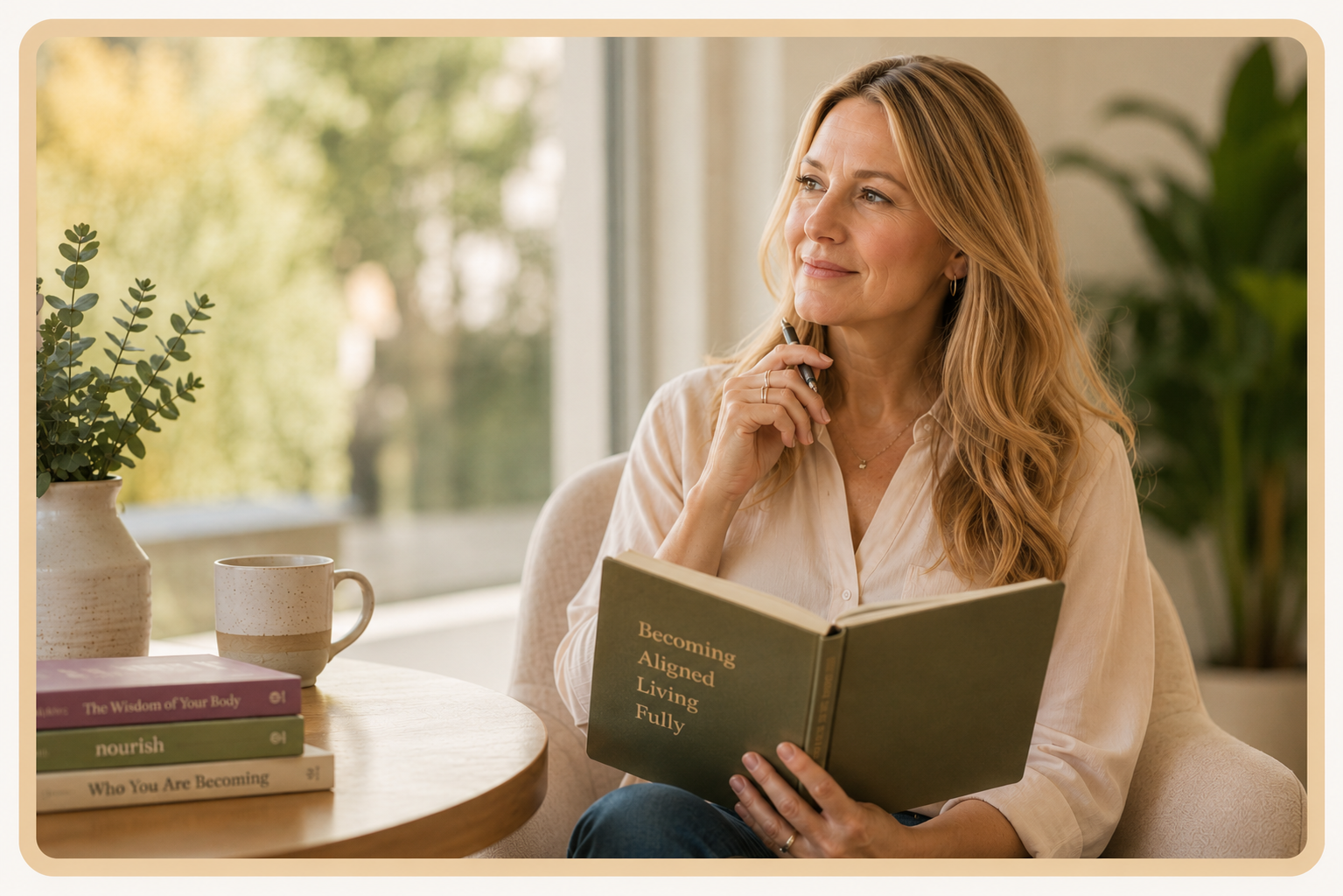 Woman reading and journaling beside a coffee cup