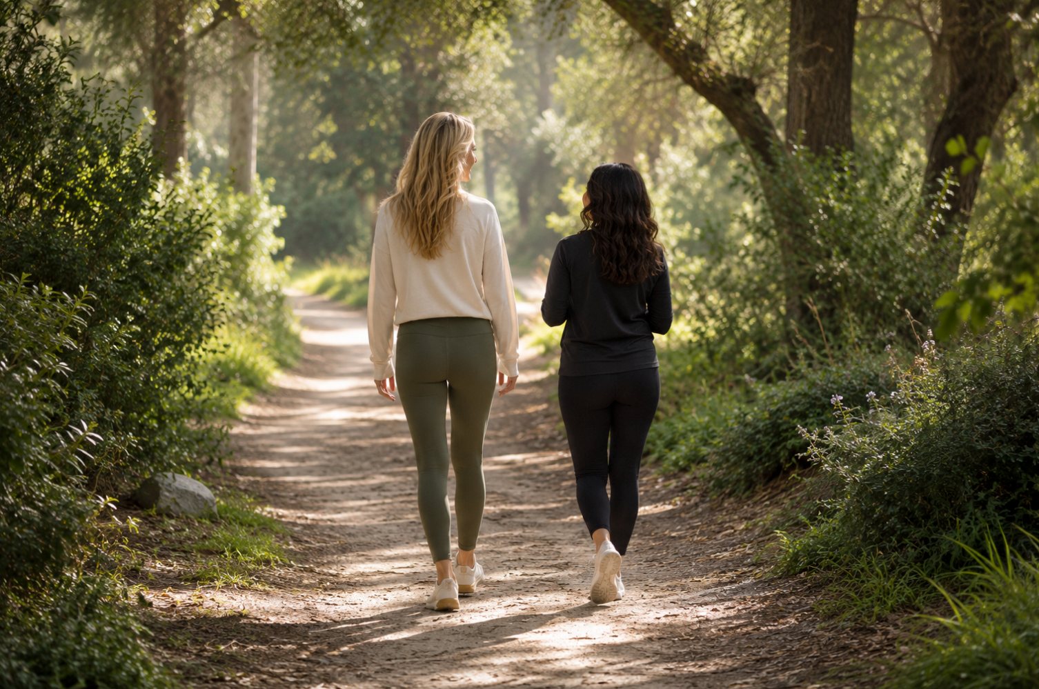 Two women walking together on a sunlit forest path